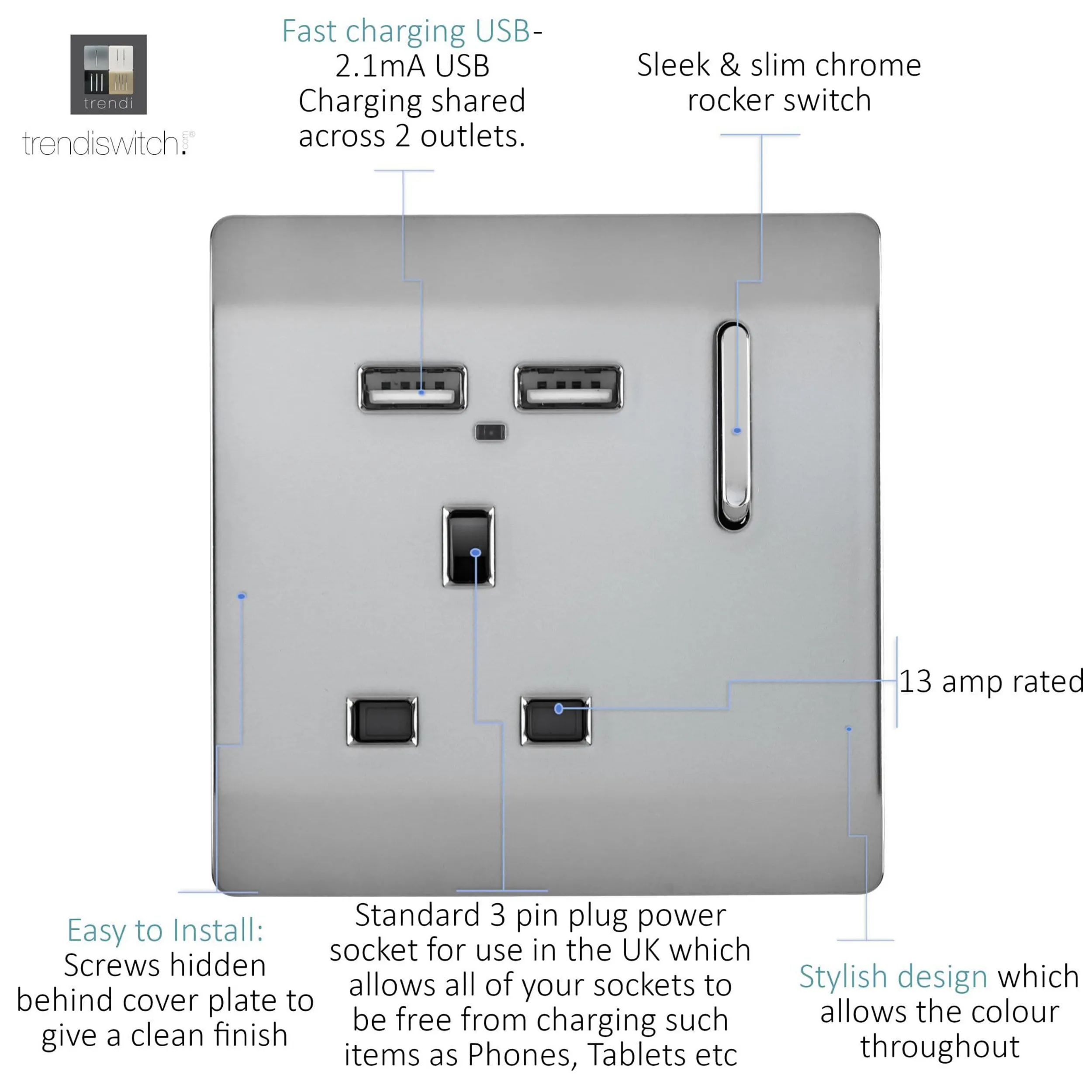 1 Gang 13Amp Switched Single Socket With 2 x USB Brushed Steel ART-SKT13USBBS  Trendi Brushed Steel